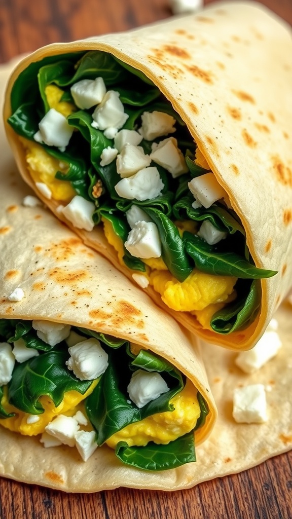 Spinach and feta egg wrap sliced in half, revealing scrambled eggs and spinach, on a rustic wooden table.